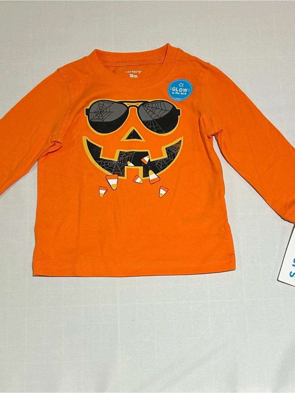 Carter's Boys 18 Months Halloween Orange Pumpkin Face Glow in Dark Top NWT